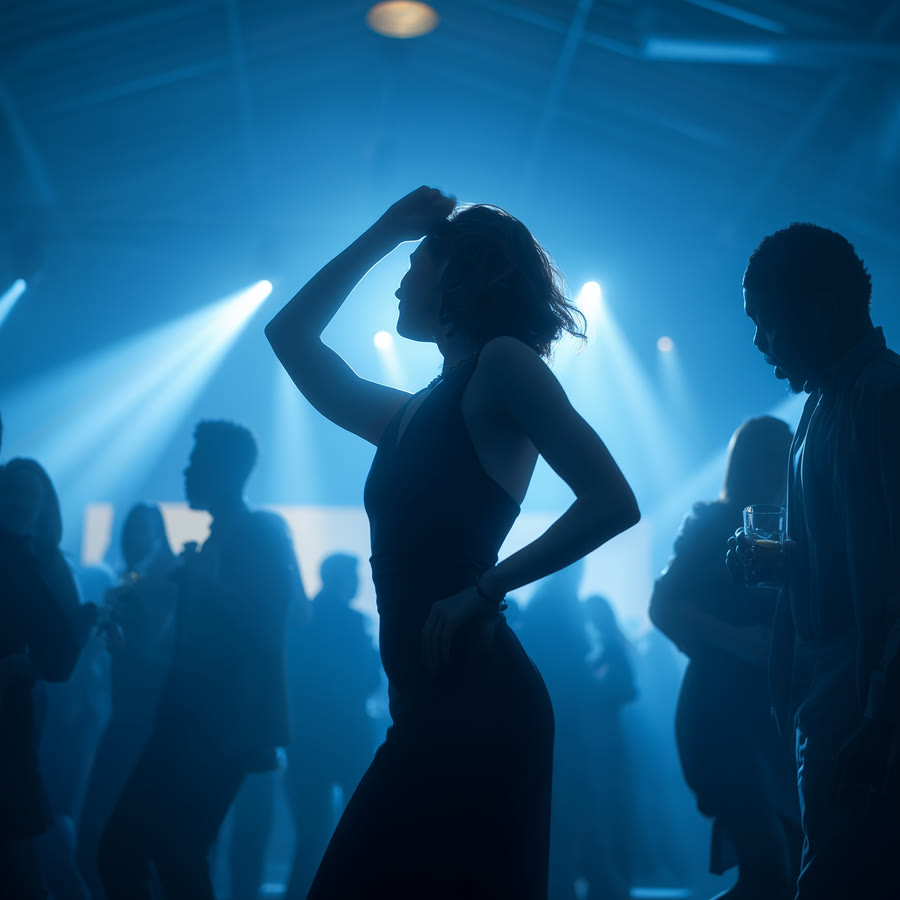 Guest dancing under blue lights at an evening event